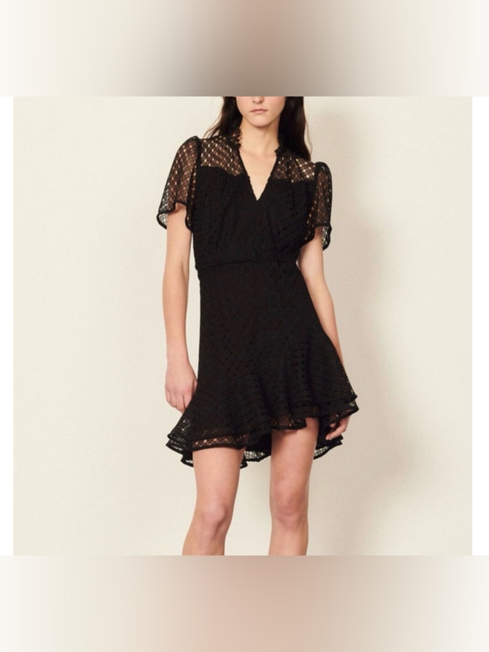 Sandro Nadia Black Lace Mini Dress Eyelet V Neck XS